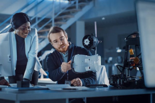 Electronics Development Engineer Working at His Desk, Talks with Project Manager, Shows Mechanism Prototype Construction. Team of Professionals Working in the Modern Technology Designing Agency.