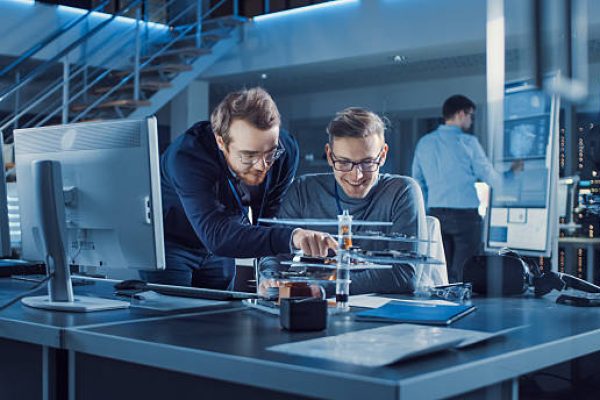 Development Engineer Talks with Project Manager, they Choose PCB Motherboard to Hold Device Microchip. Team of Professionals Use Digiral Whiteboard, Tablets and CAD Software for Industrial Design.